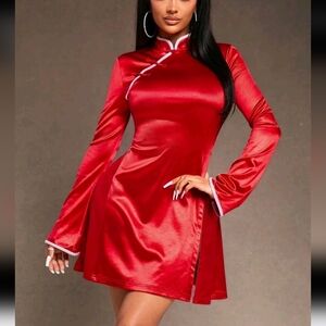 New Year's Red Stretch Satin Oriental Stand Collar Embellished Long-Sleeve Dress